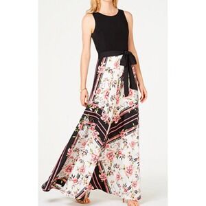 Floral Maxi Dress Sleeveless Black Top Tie Waist Party‎ Occasion Sheer Skirt 12